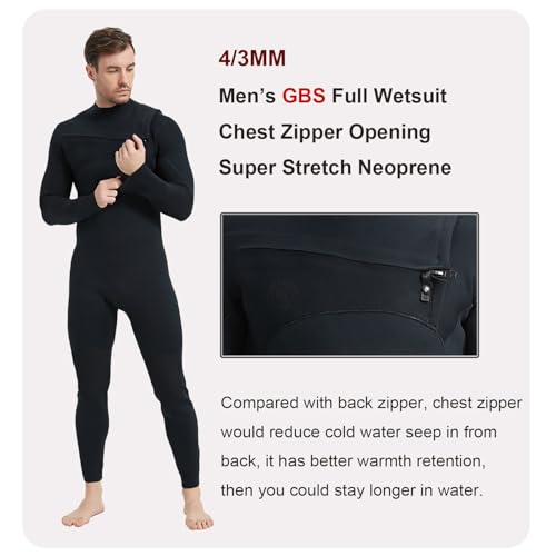 Lemorecn Men's 4/3mm Chest Zip Wetsuit - Black, Medium - Super Stretch, Cold Water