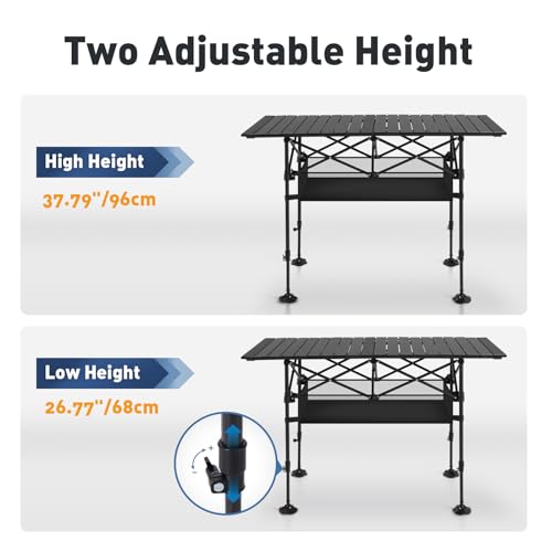 Alpha Camp Tall Folding Camping Table with Adjustable Height & Storage Mesh Basket
