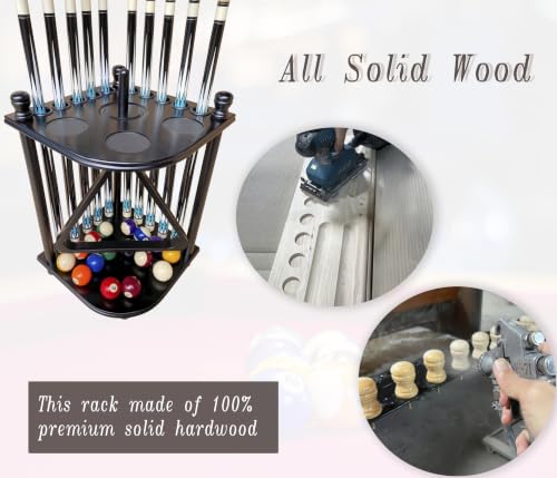 Black Pool Cue Rack Floor Stand for 10 Cues | Hardwood Billiard Accessories
