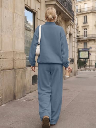 Women's Mock Neck Sweat Sets - 2 Piece Fall Outfits, Medium / Grey Blue