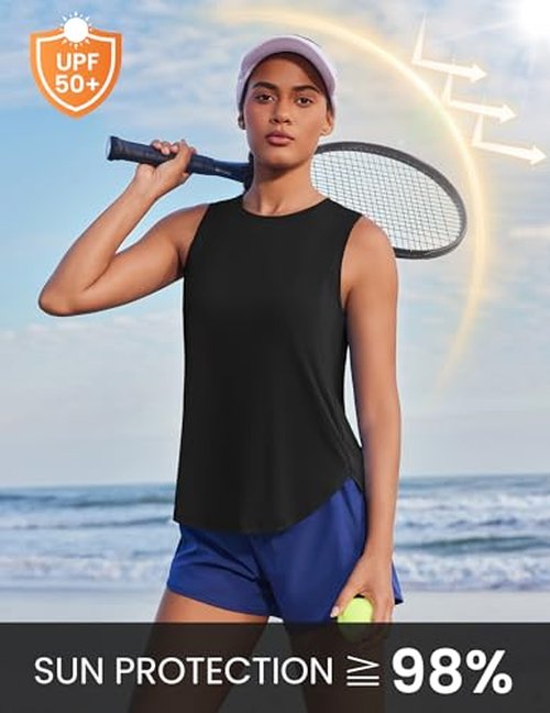 PINSPARK Women Workout Tank Tops with Back Pleat Soft Ice Silk Sleeveless Yoga Muscle Fitness Shirts Stretch Athletic Running Gym Activewear, Black S