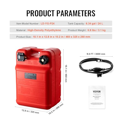 VEVOR 6.34-Gallon Marine Fuel Tank with 9.8ft Hose, Gauge, Portable for Outboard, Yacht, Fishing