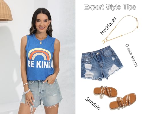 Large Women's Tank Top - Loose Fit Summer Cute Graphic Sleeveless Shirt - Blue
