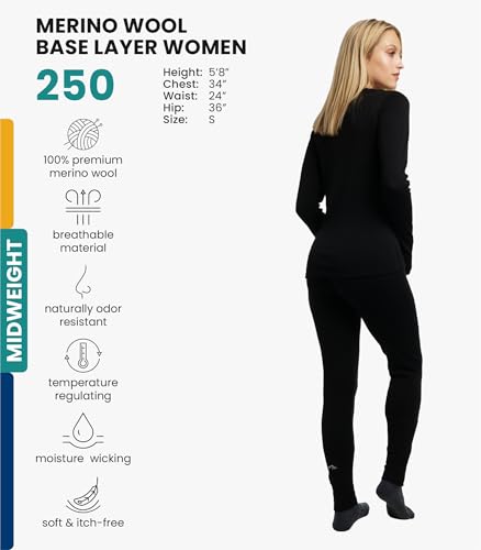 Merino.tech Women's Medium Black 100% Merino Wool Base Layer Set - Thermal Top & Bottom