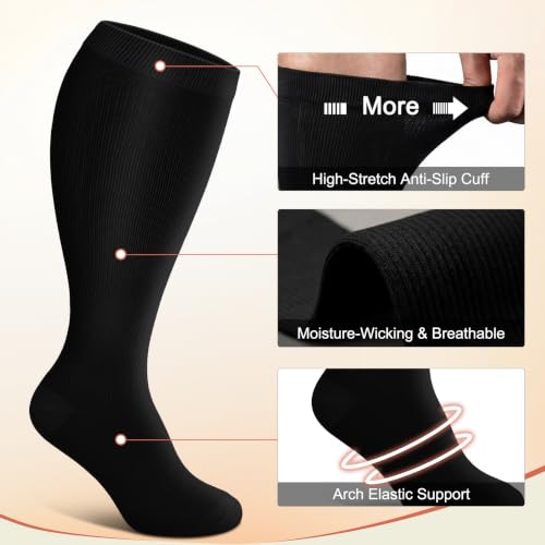 Plus Size Compression Socks for Women and Men Wide Calf Knee High Support - 01 White Gray Black XX-Large