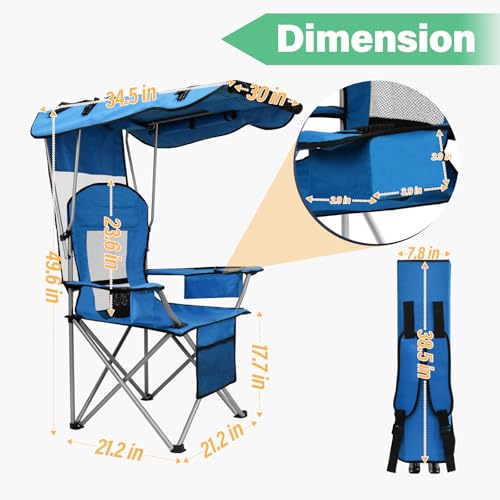 BDL Sky Blue Camping Chair with Canopy, Cooler & Mesh Backrest - Portable Foldable Outdoor Seat