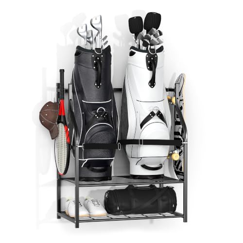 Golf Bag Storage Rack for Garage - Holds 2 Bags with Shelves & Hooks - Black, 28 Inch