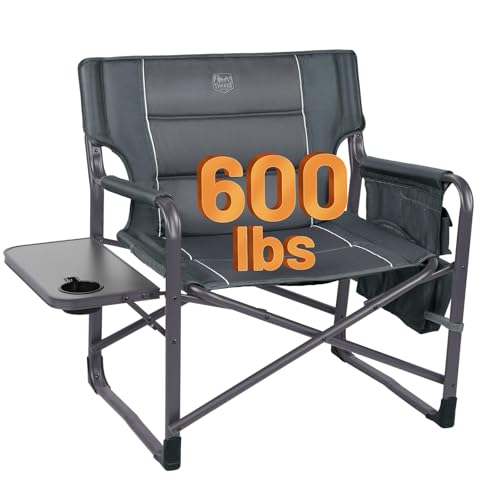 Gray Oversized Camping Directors Chair with Foldable Side Table & 600 Lbs Capacity - Dark Grey