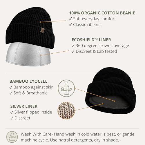 Golden Kocoon EMF Organic Beanie Medium-Large Black Faraday Hat with Bamboo Silver Liner
