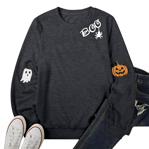 HEBBE Halloween Ghost Sweatshirt Women Spooky Season Pullover Large Dark Grey