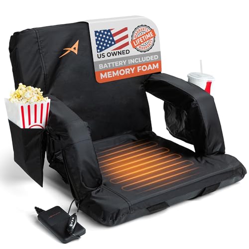 Black Heated Stadium Bleacher Seat with Back Support and USB Battery - Foldable & Cushioned