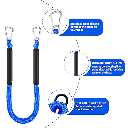 Heavy Duty Floating Dock Lines with Double Hooks - 4FT Marine Bungee Rope for Boats, Pontoon & Jet Ski