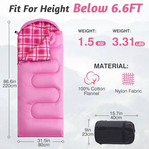 Uniqwamer 4-Season Waterproof Kids & Adults Sleeping Bag - Pink, 86.6"×31.5"