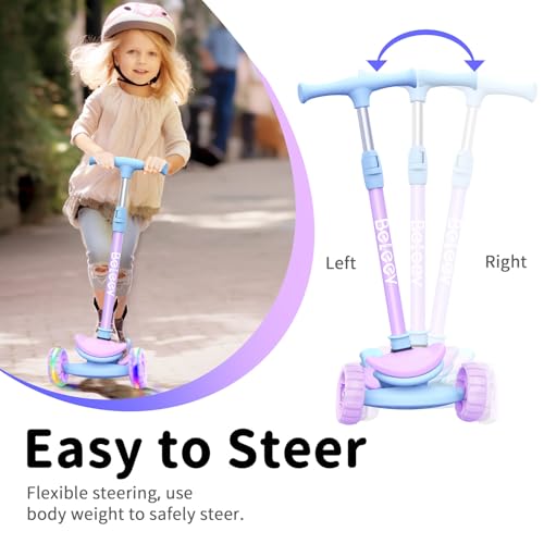 Purple Kids' 3 Wheel Folding Scooter with LED Light-Up Wheels, Adjustable Height