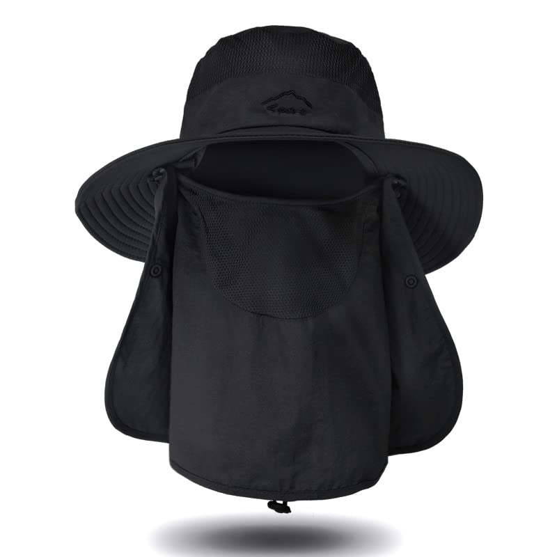 Men's Sun Protection Fishing Hat with Removable Neck Flap Face Cover - Black
