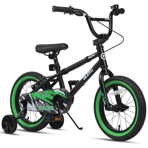 Glerc Kids BMX Bike 14 Inch for Ages 3-5, Green & Black, Training Wheels