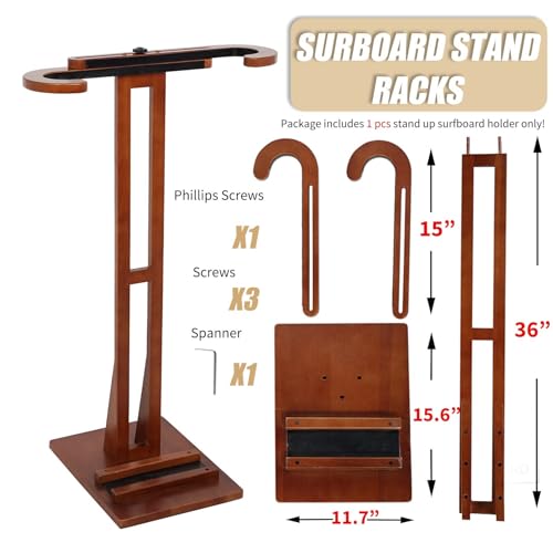 JUSTOOP Dark Brown Beech Wood Surfboard Stand Rack - Floor Standing Organizer for Shortboard & Longboard