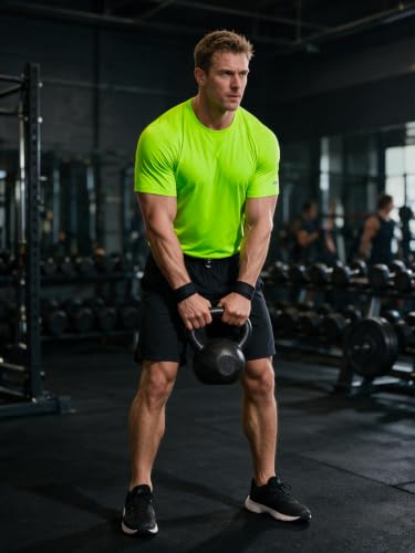 Mens Fitted Quick Dry Workout Shirts - Running Athletic Gym Tee Large Neon Green