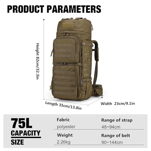 Mardingtop 75L Military Tactical Hiking Backpack Khaki with Hydration & MOLLE System