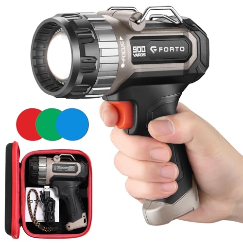 FORTO Brown Pro Handheld Spotlight with 3-Color Lens, 1400 Lumens, 2700Ft Range, Rechargeable, Focus & Light Modes