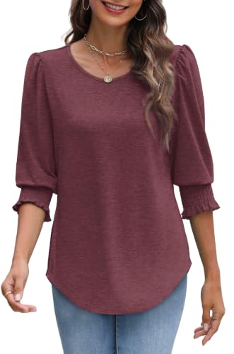 Women’s Dressy Casual Blouses with Smocked Cuffs - Burgundy, Large, 3/4 Sleeve Top
