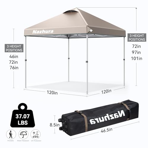 10x10 Ft Pop Up Canopy Tent with Sand Weights - Adjustable Sun Shelter for Camping & Picnic - Khaki