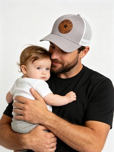 World Best Dad Ever Trucker Hat - Gray One Size with Leather Patch, Dad's Day Cap