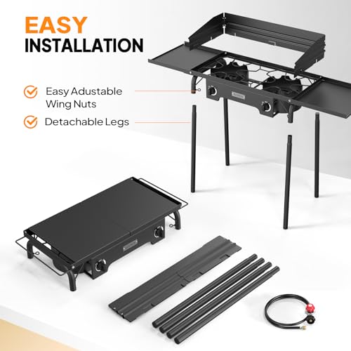 2 Burner Outdoor Propane Gas Stove with Windshield, Side Shelves & Carry Bag - 150,000 BTU Camping Cooker