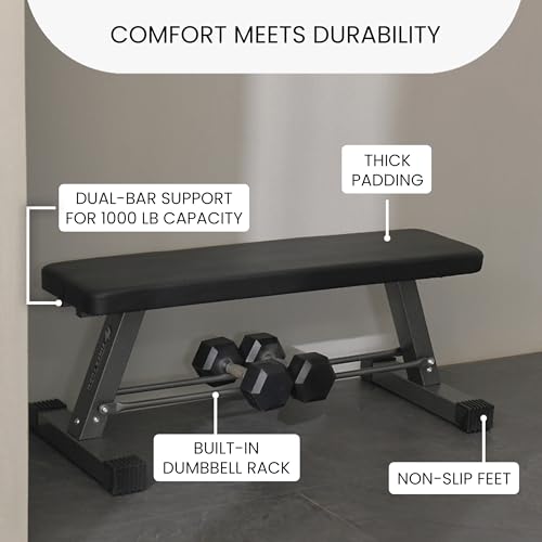 Flat Weight Bench for Home Gym - 1,000 lb Capacity, Dumbbell Storage, Easy Assembly