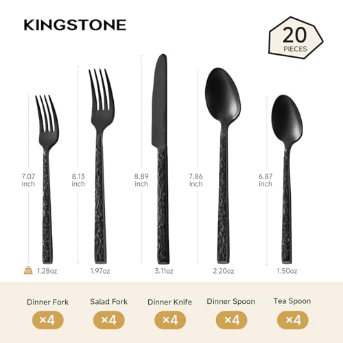 Black 20-Piece Hammered Silverware Set for 4 - 18/10 Stainless Steel Flatware