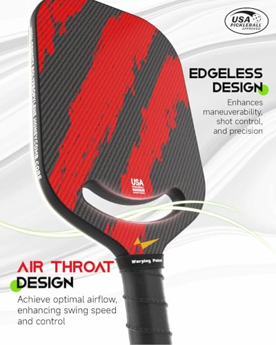 Red Carbon Fiber Pickleball Paddle - Aero Throat, Textured Grit Surface, Hexa Core - Warping Point 16mm