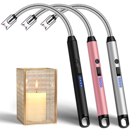 Rechargeable Long Stem Candle Lighters Set with Flexible Neck - Black, Silver, Pink