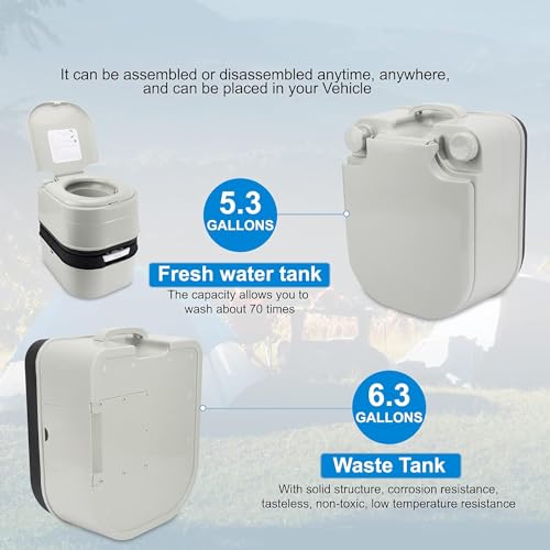 Portable Camping Toilet 6.4 Gallon Flush with Level Indicator & Detachable Handle