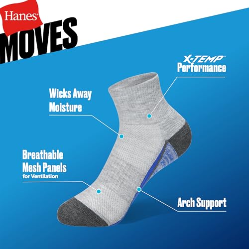 Hanes Boys' Moves Ankle Socks Large Gray/Black 10-Pack - Breathable Moisture-Wicking Performance