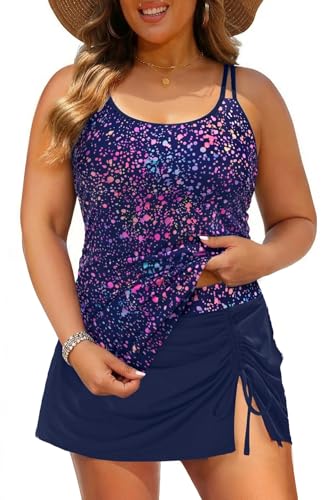Women Plus Size Tankini with Swim Skirt Tummy Control - 16 Plus Starry Sky
