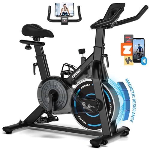 CHAOKE Adjustable Magnetic Resistance Exercise Bike Black Blue - Indoor Cycling Stationary Bike with App Compatibility, 300LB Capacity