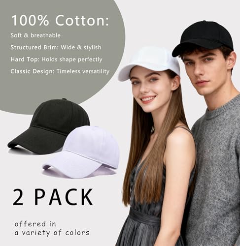 Cotton Baseball Caps 2-Pack for Men Women Adjustable Black and White