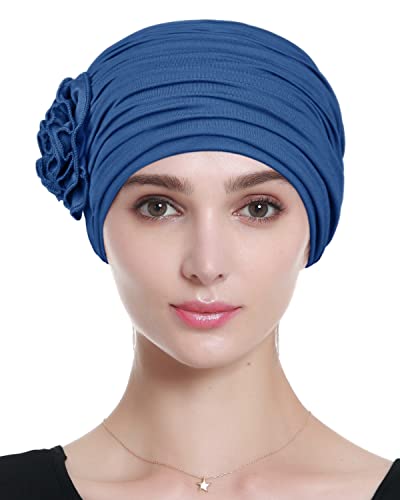 Chemo Hair Loss Cap for Women - Flower Design, Blue, One Size Headwear
