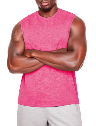 Zengjo Men's Tank Top Workout Sleeveless Shirt - Quick Dry, Loose Fit, Neon Pink Heather, X-Large