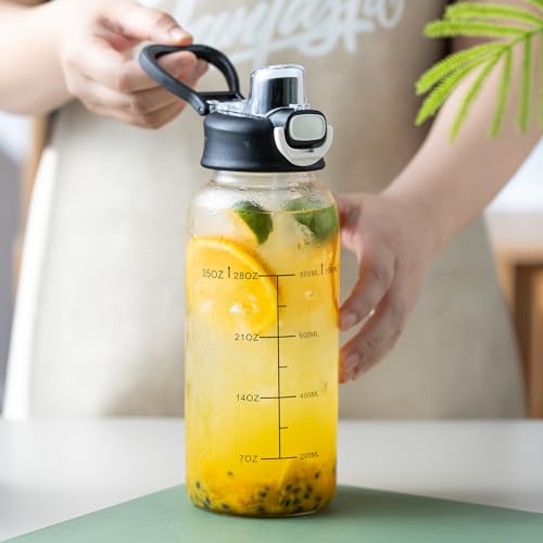 35oz Glass Water Bottle with Time Marker, Straw & Tea Infuser - BPA-Free & Leakproof, Includes Protective Sleeve - 1PCS