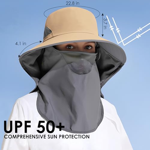 Outdoor Sun Hat with Detachable Neck Face Flap UPF 50+ UV Protection - One Size Khaki