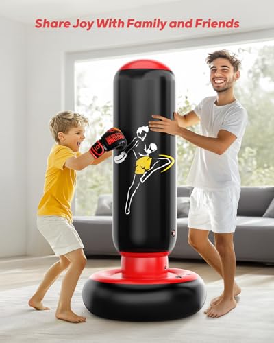 Kids Inflatable Punching Bag with Boxing Gloves - Black & Red, 66 Inches