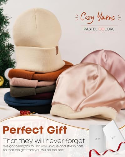 Black Satin Lined Beanie for Women Men Knit Winter Hat Warm Slouchy Skull Cap