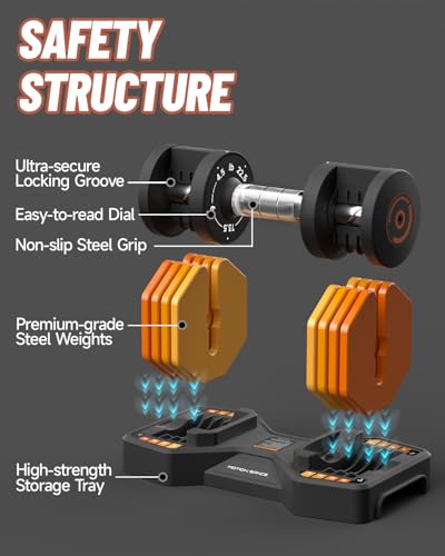 Orange Adjustable Dumbbells Set 22.5LB Pair - 1-Second Fast Turn, Non-Slip Metal Handle, Compact Home Workout Equipment