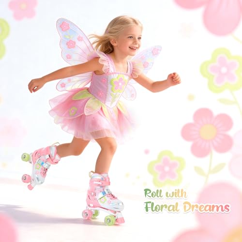 SULIFEEL Kids Adjustable Roller Skates with Light Up Wheels, Green, Medium - Big Kid