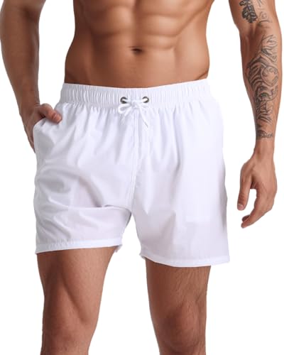 Men's Quick Dry Swim Trunks - 5 Inch Inseam, Mesh Liner, Beach Shorts, Large White