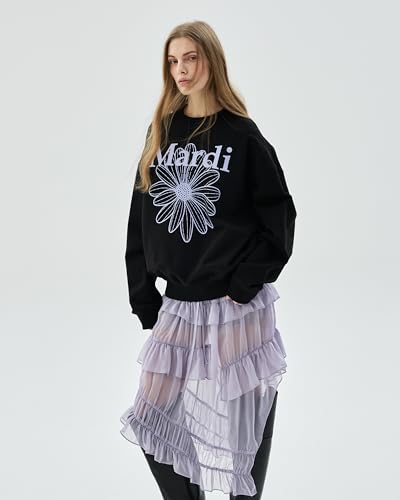 Women's FLOWERMARDI Sweatshirt Black Lightpurple One Size Cotton Crewneck