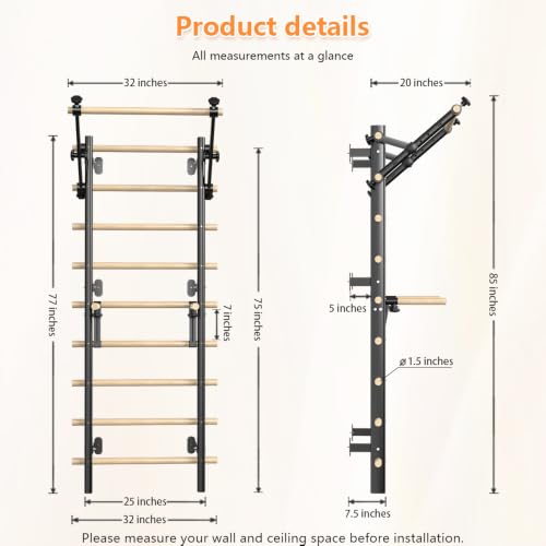 Black Swedish Ladder Stall Bars for Home Gym, 300 LBS Wall Mount with Pull-Up & Dip Station
