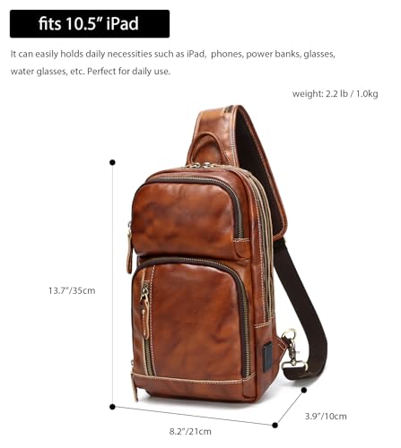 LANNSYNE Leather Sling Bag for Men - Crossbody Chest Pack Fits 10.5" iPad - Orange