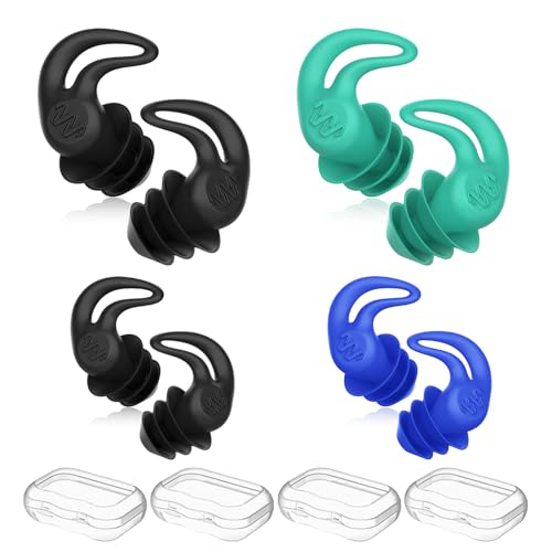 Swimming Ear Plugs for Adults & Kids 4 Pairs Silicone Water Protection - Black & Green Blue Variations